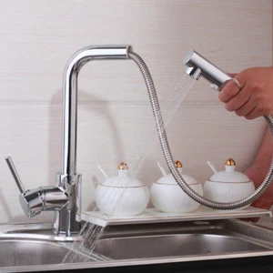 Pull-Out Spray Sink Kitchen Faucet Swivel Spout Single Handle Chrome Mixer Tap - Picture 1 of 10