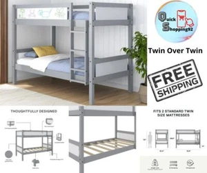 Cama Litera De Madera Con Escalera Para Niños, Twin Sobre Twin, Color Gris Claro - Picture 1 of 10