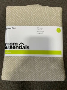 Room Essentials Jersey Sandalwood Chevron Cotton Twin XL Sheet Set New - Picture 1 of 2