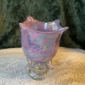 Terra Studios Handblown Art Glass Iridescent Vase Pink Green Purple on Pedestal - Picture 1 of 10