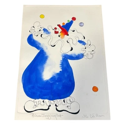 Blue Juggling Act Clown Original Watercolor Ink Drawing Signed Art 6.5x9 - Image 1 of 4
