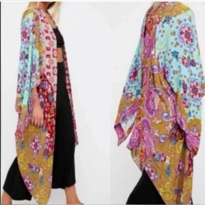 Free People Little Wing Mix Print Kimono Duster Long Line Cardigan One Size EUC - Picture 1 of 9