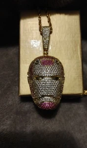 Ice Out Iron Man Pendant Brass Plated With 24in Stainless Steel Necklace - Picture 1 of 5