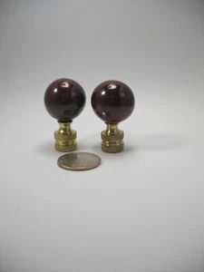 Lamp Finial Pair Deep Maroon/Brown Ceramic Ball Brass Hardware #46A - Picture 1 of 4