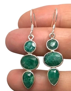 Emerald quartz multistone drop earrings, solid Sterling Silver, oval, round. Box - Picture 1 of 8