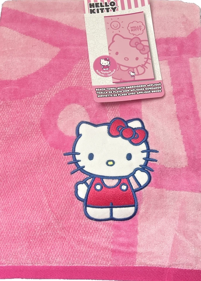 Hello Kitty Pink Beach Towel 34x63 Sanrio 100% Cotton Embroidered Girls Gift - Image 1 of 2