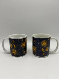 Menge 2 Vintage Blau Himmlische Sonne Mond und Stern Tassen - Bild 1 von 6