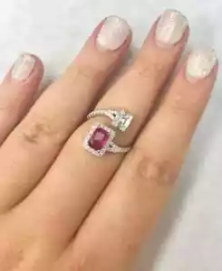 Emerald Cut Natural 1.20CT Ruby and Genuine Cubic Zirconia Engagement Fine Band - Picture 1 of 8