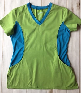Allure White Cross Scrub Top S V-neck Lime Aqua Blue 2 Pkt BxE - Picture 1 of 10