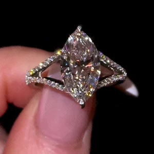 2.80Ctw Marquise Moissanite Split Shank Engagement Ring In Solid 14K White Gold - Picture 1 of 12