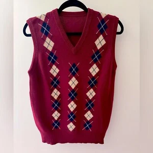 Chaleco Argyle Vintage Cottagecore 100% CACHEMIRA Borgoña Azul Marino y Marfil 39" Pecho - Imagen 1 de 4