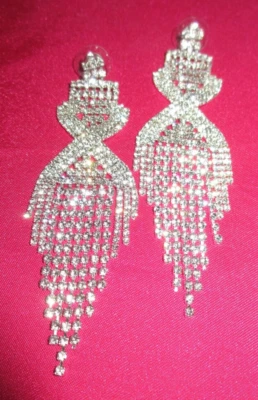 Luxurious Rhinestone Earrings Long Crystal Tassels Drop Elegant Bride Sparkle - Image 1 of 4