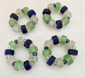 Set of 4 Pier 1 Boho Frosted Bead Aqua Blue Green White Napkin Rings - Picture 1 of 2