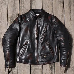 Men's Black Leather Distressed Biker Motorcycle Rider Jacket - Picture 1 of 3