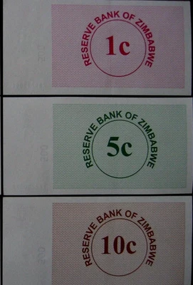 Set Zimbabwe 1 5 10 CENTS P-33 34 35 2006 x 3V Zimbabwean Bearer Check UNC NOTE - Image 1 of 4