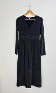 Boden Dress Women Size 10 Black Silver Sparkle Midi V Neck Long Sleeve Pockets - Picture 1 of 11
