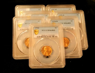 Lot of 7x PCGS 1947 through 1958 Lincoln Wheat Cents - PCGS MS63RB-66RD - Image 1 of 4