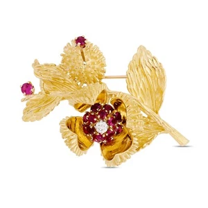 Tiffany & Co. 18 Karat Yellow Ruby and Diamond Thistle/Flower Moveable Pin - Picture 1 of 4