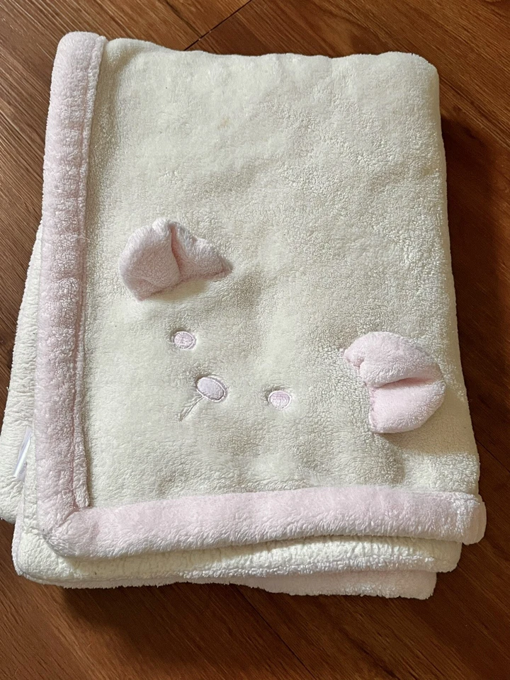 Carter's Beige Pink 3D Bear Face Ears Trim Fleece Blanket Lovey Cream 30 x 40 - Image 1 of 4