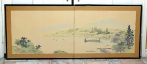 Byobu Japanese Fishermen Artist Signed Hand Painted 2 Panel Folding Screen Good+ - Picture 1 of 11