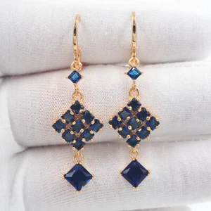 18K Yellow Gold Filled Women Fashion Blue Mystic Topaz Blocks Dangle Earrings - Picture 1 of 1