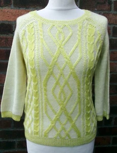 Womens Wool Blend Knitted Sweater Yellow Cable Design 3/4 Sleeves Medium - Picture 1 of 7