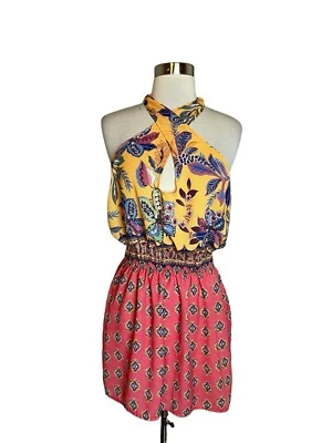 Becca by Rebecca Virtue Women's Coverup Size S Yellow Pink Floral Tie Back - Image 1 of 4