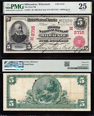 Nice RARE Bold & Crisp VF RED SEAL 1902 $5 MILWAUKEE, WI National! PMG 25! 77234 - Image 1 of 3