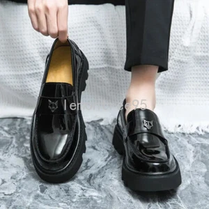 Mens Loafer Leather Shoes Shiny Slip On Block Heels British Shoes New  - Picture 1 of 16