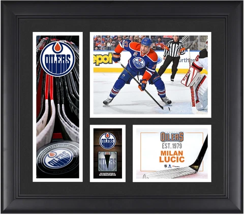 Milan Lucic Edmonton Oilers Framed 15x17 Collage w/a Piece of GU Puck Cover