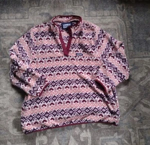Lands End Womens Fleece Pullover 3X 24w Heart Fair Isle Red Snap Button Pocket - Picture 1 of 10