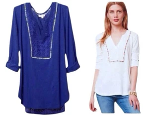 $119 Anthropologie Vintage Henley Top X Small 0 2 Slubby Openwork Colorful Trim - Picture 1 of 15
