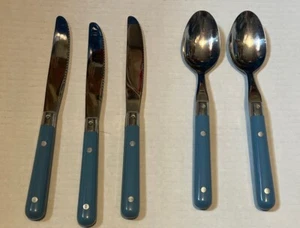 Interpur Korea Stainless Flatware Blue Handles (Lot Of 5) Vintage MCM - Picture 1 of 7