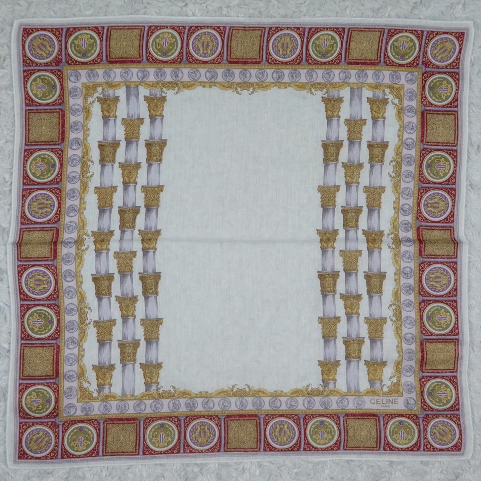 K805 Celine Bufanda Oro Blanco Bufandas Bolsillo Cuadrado 18.5" X19" Foto 1 de 4