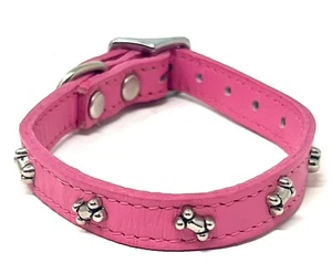 Leather Dog Collar in Pink with Silver Bone Accents XS - Picture 1 of 3