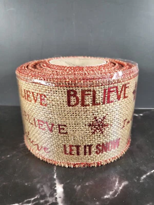 New Lg Roll of Christmas Ribbon Burlap with Believe Theme 3.5 " wide - Image 1 of 2