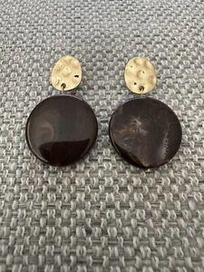 RARE New Elk Gold & Coffee Marble Resin Circle Dangle EARRINGS - Picture 1 of 6