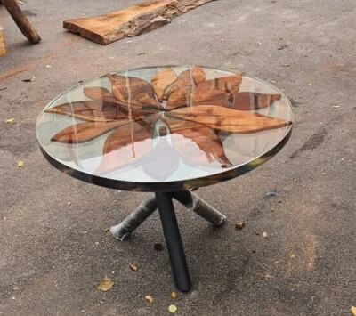 Natural Acacia Wood Clear Epoxy Resin Round Coffee Table Top Handmade Home Decor - Image 1 of 4