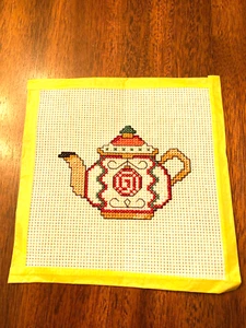 COMPLETED CROSS STITCH TEAPOT CHRISTMAS SQUARE HANDSEWN BY SELLER NEW - Picture 1 of 2