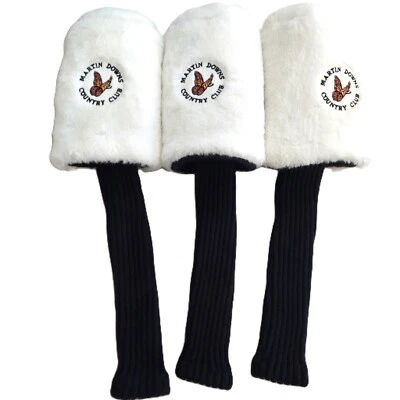 Conjunto de capas de taco de golfe vintage Martin Downs CC borboleta pelúcia, bom estado - Imagem 1 de 4