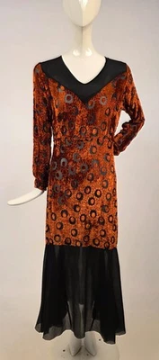 КОНЕЦ 1920-Х СОЖЖЕННЫЙ ОРАНЖЕВЫЙ АННУЛИРОВАННЫЙ ШЕЛКОВЫЙ БАРХАТ + ШИФОНОВОЕ ПЛАТЬЕ W ПУЗЫРЬ УЗОР - Изображение 1 из 4