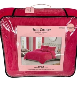 Juicy Couture 4 Piece Pink Velvet Queen Comforter Set 90”x90” - Picture 1 of 4