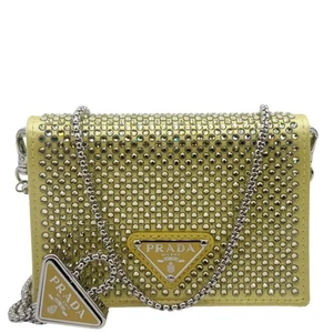 PRADA Triangle Logo Crystal Satin Chain Card Holder Shoulder Bag Gold - Picture 1 of 14