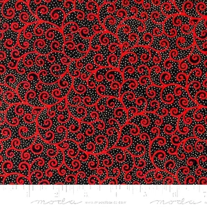 Moda Fabrics#33665 16M "MERRY MANOR METALLIC"RED SCROLL ON BLACK BACKGROUND  BTY - Picture 1 of 1