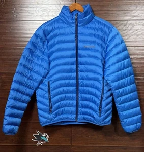 Marmot Down Puffer Jacket Men’s Medium Blue Full Zip Hooded 600 Down Fill Used - Picture 1 of 9