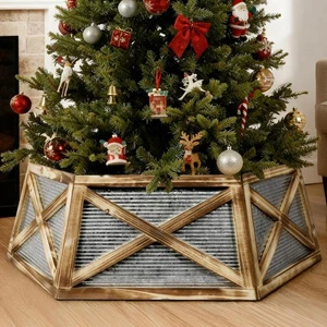 Collar de árbol de Navidad hexagonal marrón de 30" para árbol de 7,5 pies, madera rústica de granja... - Imagen 1 de 9