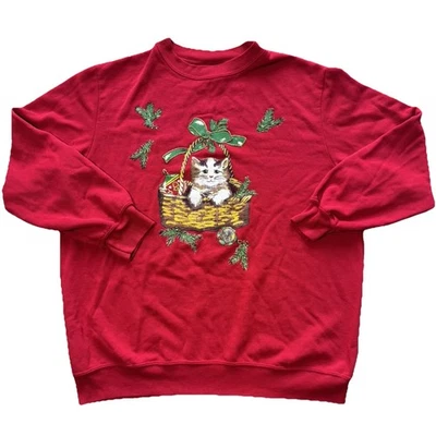 Sudadera Blair Vintage Navidad Gato Rojo en Cesta Bordada Mujer’s XL Foto 1 de 4