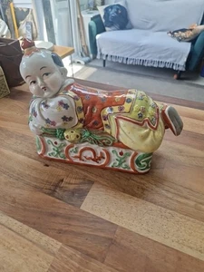 Chinese Famille Rise Porcelsin Figure Reclining Boy Or Pillow Buddha - Picture 1 of 4