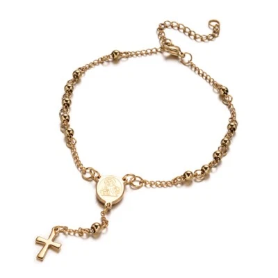 Pulsera Rosario Cuentas Cruz Acero Inoxidable Pascua Ovalada Virgen María Oro 9" P305 Foto 1 de 3