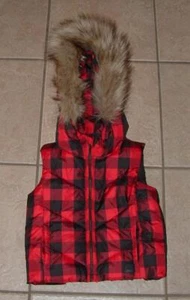 Girls Sz XS Buffalo Plaid Full Zip Hooded Removeable Faux Fur Trim Vest Jacket - Picture 1 of 3